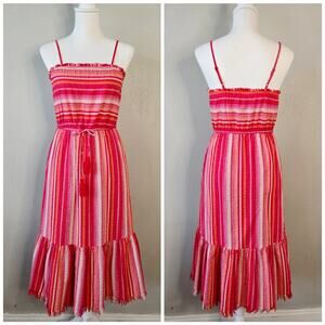 Feminine Relaxed Striped Tiered Midi Sundress XS Tassel Sleeveless Greylin